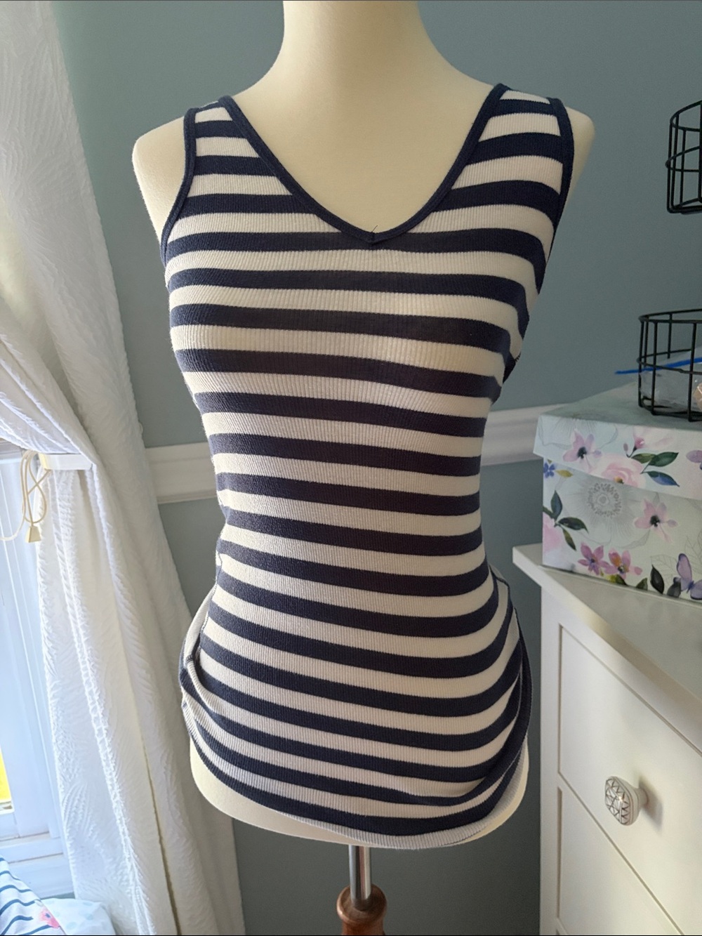 Hollister Navy and Cream Striped V-Neck Tank